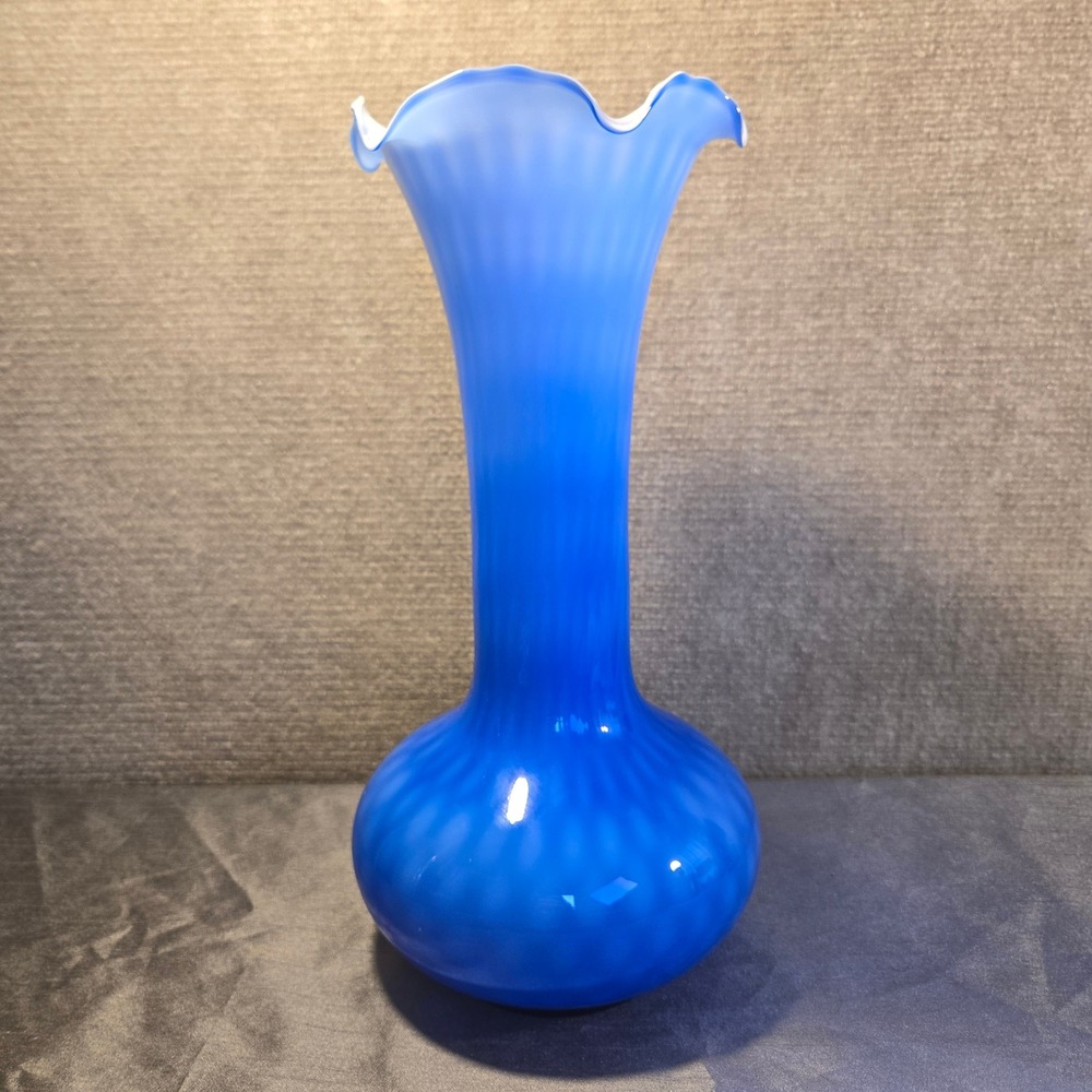 Vintage Murano‎ Glass Blue White Diamond Optic Ruffled Top 14" Vase Italy